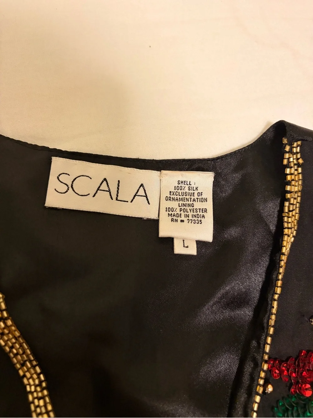 SCALA Black Sequin Vest with Red & Green Poinsettias